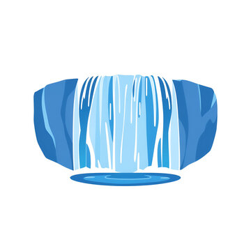 Blue waterfall flowing between rocks with a pool of water in a cartoon style