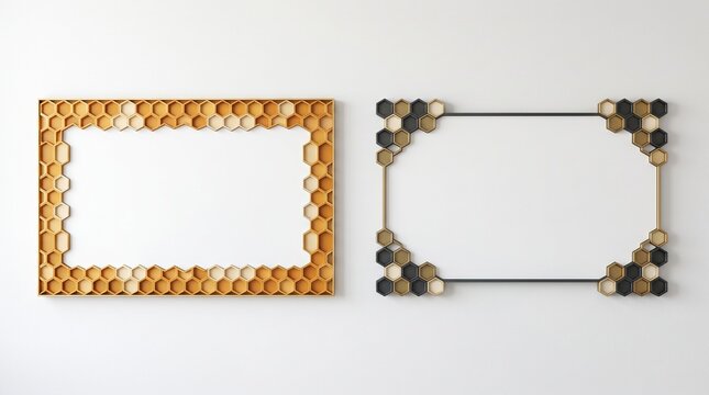 Geometric honeycomb picture frames on white wall, luxury gold and black hexagon photo frame set of 2, modern metallic honeycomb border for gallery art display, elegant honeycomb interior decor.