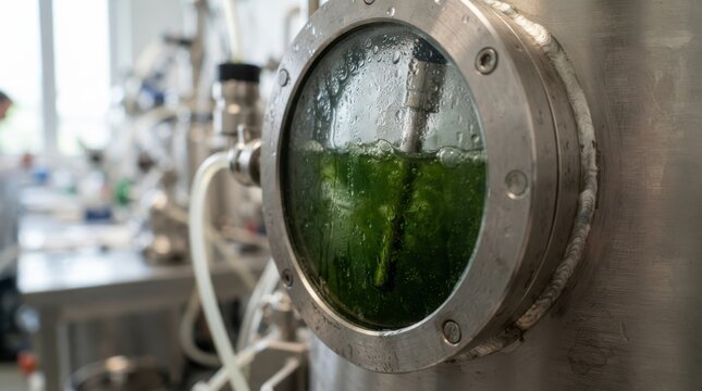 Stainless bioreactor with suspension culture, tubing, pH probe, and condensation for biotech production and laboratory research