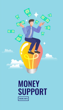 Corporate worker balancing atop bright lamp bulb amid floating currency, tailored for business incubation masterclasses, innovation grant proposal slide decks, and capital finance advisory brochures.