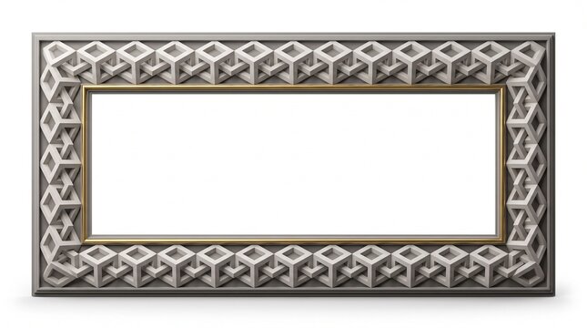 Geometric 3D picture frame with interlocking cube pattern. Modern architectural border with grey stone texture and white copy space. Decorative rectangular frame for gallery art and photography.