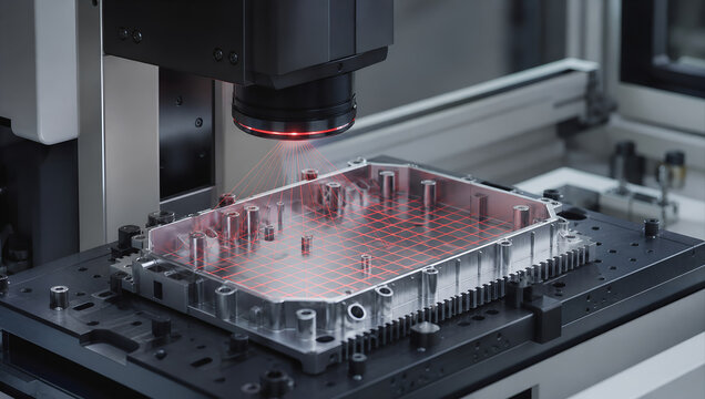 Precision laser measurement machine inspecting aluminum component industrial workbench with red grid projection and automated manufacturing