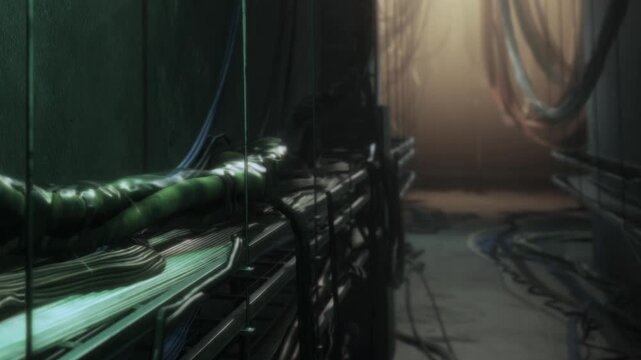 In a dimly lit corridor, tangled wires snake along the wall, casting intricate shadows. Faint light filters in from an unseen source, creating an eerie atmosphere that invites curiosity.