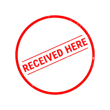 A bright red rubber stamp design featuring the text received here inside a circular border isolated on a clean white background for office use