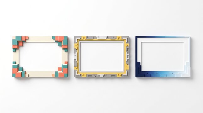 Geometric pixel art picture frames set, three decorative digital photo frames with 8-bit aesthetic, colorful mosaic border frames for gaming content, creative blocky frame mockup on white wall.