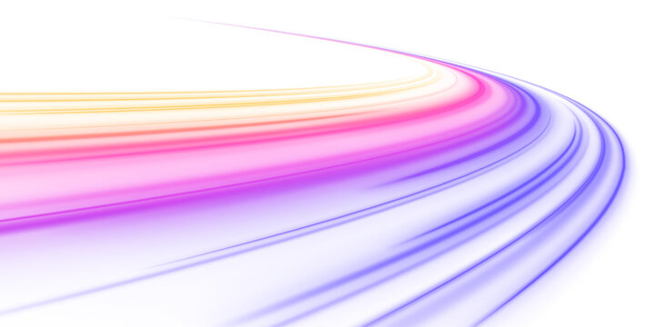 Bright purple and blue light streaks cross a dark abstract background. Glowing energy arcs add futuristic motion. PNG illustration for digital technology and speed concepts.