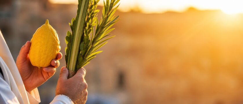 Jewish man holds a lulav and etrog for the celebration of Sukkot against the backdrop of the ancient Western Wall in Jerusalem. banner format. Copy space