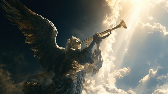 A majestic angel blowing a golden trumpet in the night sky, glorious heavenly light breaking through the clouds, epic cinematic composition
