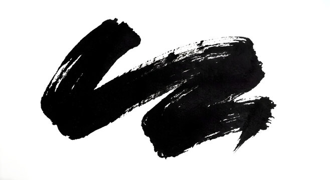 Black ink brush stroke on white paper with subtle texture and dynamic flow for minimalist design concepts