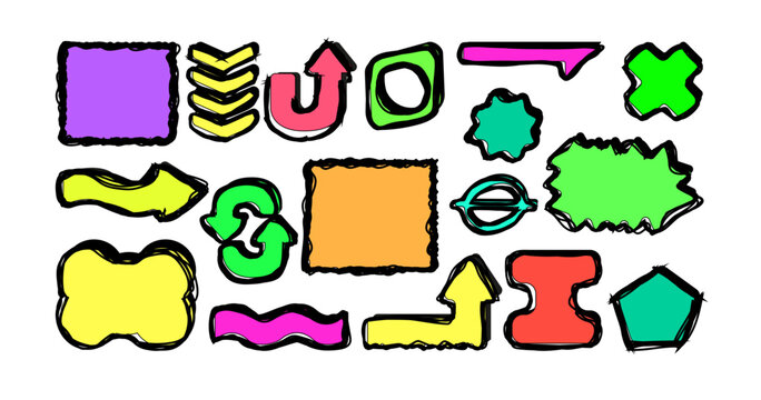 Different shapes and patterns are scattered on a white background. Colors include purple, green, yellow, red, and orange. These shapes are used in a design project for a creative task.