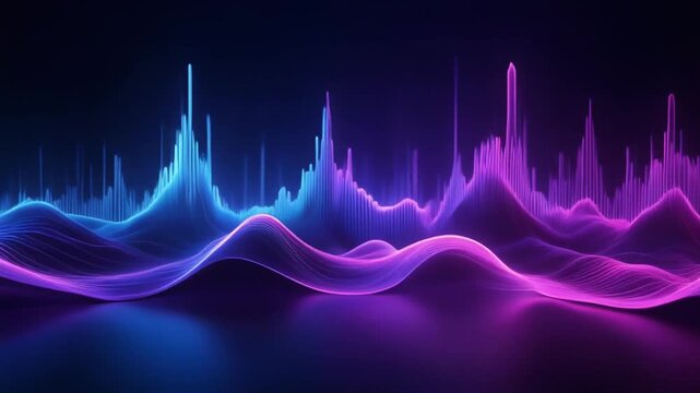 ダーク背景で緩やかに波打つネオンパープルとブルーの音声スペクトル波形のアニメーション