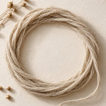 Natural jute twine coiled in a circle on a beige surface, accompanied by dried seed pods and stems for a rustic, organic aesthetic.