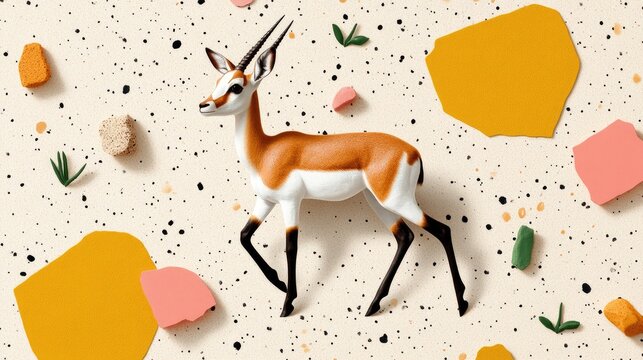 A vibrant antelope gracefully traverses a colorful, abstract landscape of playful shapes and strokes