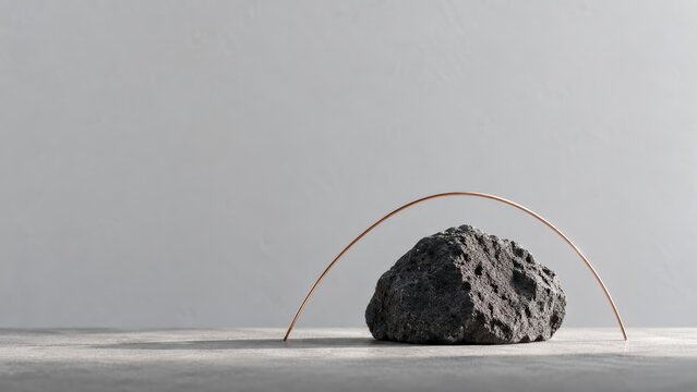 A textured black rock rests on a smooth surface, with a thin, curved metallic wire arching over it against a plain gray background.