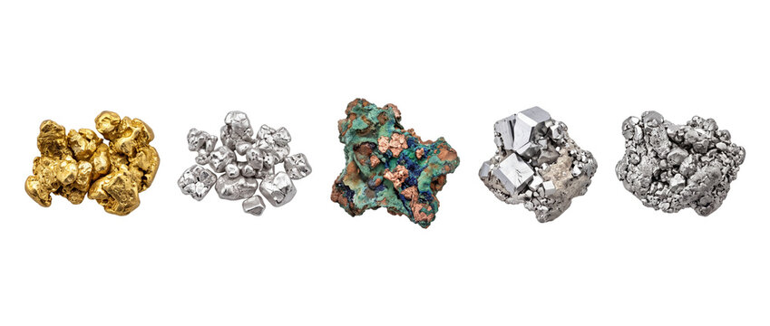 Raw precious metal mineral nuggets featuring native gold silver copper pyrite platinum isolated on black background studio macro collection for geology wealth mining science display concept