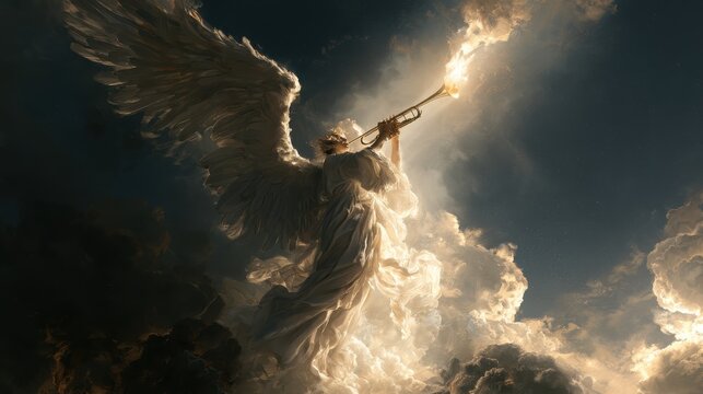 A majestic angel blowing a golden trumpet in the night sky, glorious heavenly light breaking through the clouds, epic cinematic composition