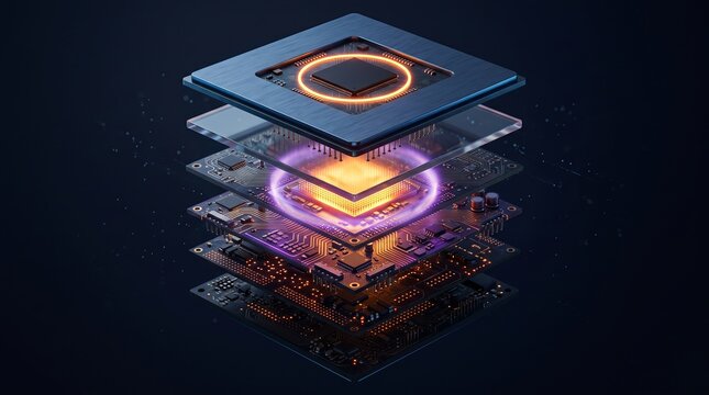 Abstract layered processor chip with glowing golden and purple circuits in a dark futuristic concept computer hardware circuit board futuristic technology digital data hardware