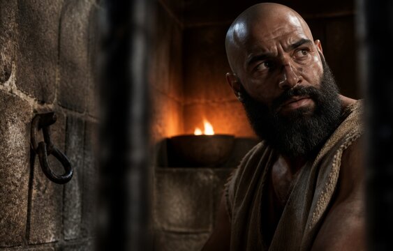 Intense bald man with beard looks out from dark prison cell with firelight