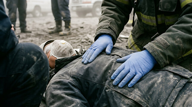 First Responders Administering Emergency Aid to Injured Person at Disaster Site for Crisis Coverage and Safety Concepts