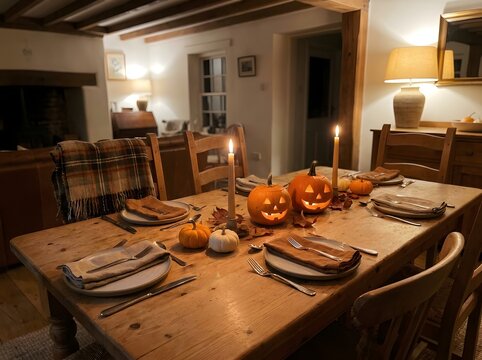 Cozy family Halloween dinner table with glowing jack-o-lanterns