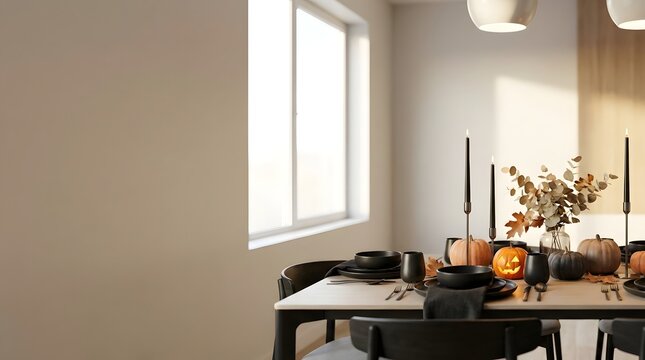Halloween dining table with pumpkins and copy space in modern interior
