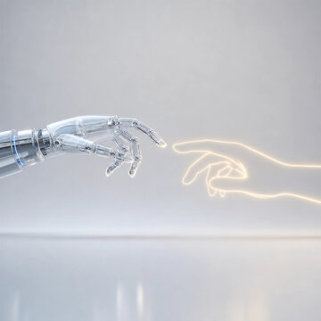 3D collaborative robot cobot concept, translucent robotic arm interacting with glowing holographic human hand outline on studio background with copy space