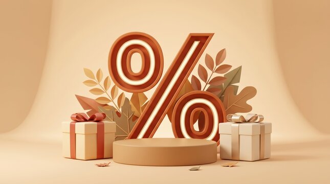 Large orange percentage symbol stands behind a circular empty product display podium surrounded by autumn foliage and two gift boxes on a soft beige background for seasonal retail sales promotion