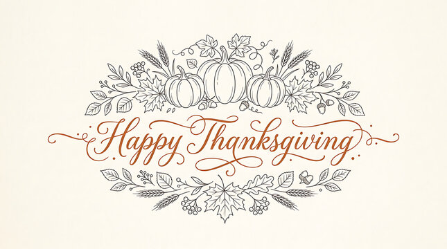 Happy Thanksgiving calligraphy text with hand drawn autumn harvest botanical illustration.