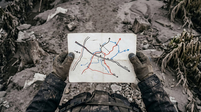 Grimy Hands Holding Hand-Drawn Map Amidst Desolate, Post-Apocalyptic Landscape for Survival and Navigation Concepts