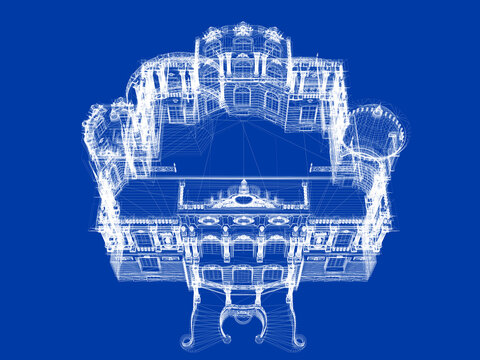Classic Villa 3D Wireframe Blueprint &ndash; Architectural Design Visualization