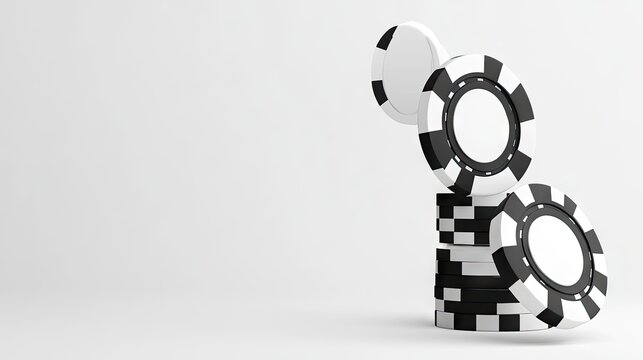 Elegant 3D rendering of soaring black and white poker chips against a dark background, capturing the essence of gaming and chance