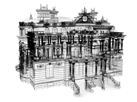 Classic Villa 3D Wireframe Blueprint &ndash; Architectural Design Visualization