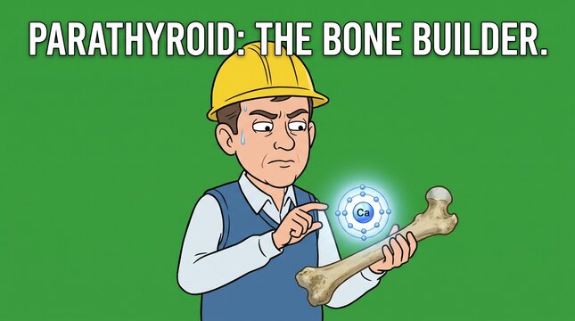 Cartoon teacher explaining parathyroid hormone function and bone health on green background