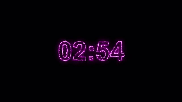 stylish neon 5 minute countdown timer animation,  animated neon countdown timer from 3 minutes to 2 minutes on transparent background