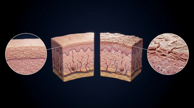 Comparison of healthy and dry human skin cross-sections with magnified surface views.