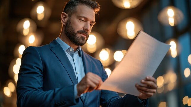 An executive carefully reviewing a detailed feasibility report, focusing on business strategy and decision-making in a professional office environment.