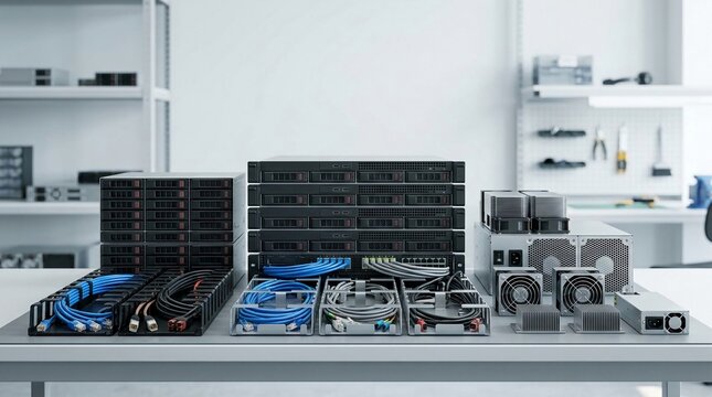 Organized server racks and network cables in a modern data center environment, representing efficient technology infrastructure.