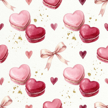 Valentine 315 Watercolor Seamless Pattern of Pink Heart Macarons Pairs with Ribbon Bows and Gold Glitter Dust（ペアのピンクハート型マカロンとリボン結びと金粉を添えた水彩風シームレスパターン背景）