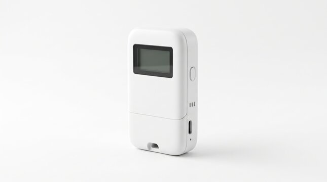 White portable digital timer or electronic device with small screen display white gadget small electronics kitchen timer time management compact design white background plain background