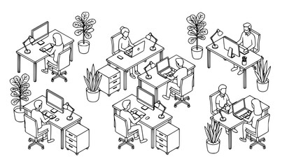 Fototapeta premium Isometric creative office thin line vector with business employees working at computer desks