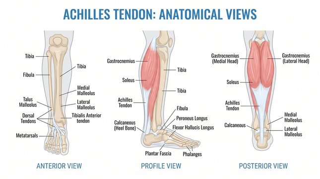 Anatomical Views of Human Achilles Tendon with Muscle and Bone Structure Labels