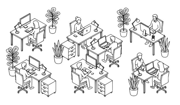 Isometric creative office thin line vector with business employees working at computer desks