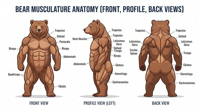 Detailed Bear Musculature Anatomy Chart Showing Front Profile and Back Views in Pixel Art Style