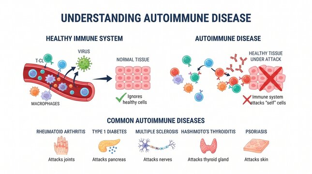 Educational Infographic Diagram Explaining Autoimmune Disease Process and Common Health Conditions