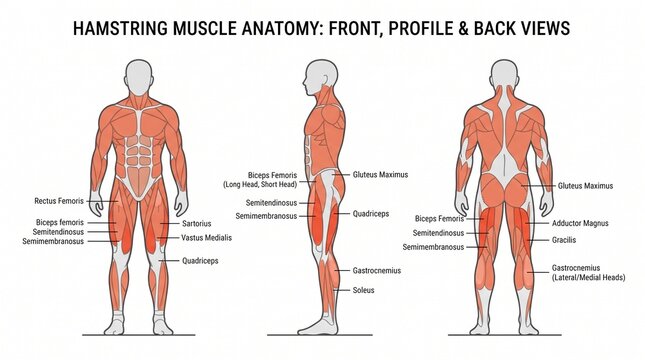 Educational Human Muscular Anatomy Chart Showing Hamstring Muscle Group From Front Side and Back