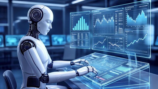 White humanoid robot analyzing financial data on holographic screens. Artificial intelligence processing stock market trends in modern office. Static wide shot.