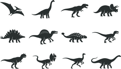 Dinosaur Silhouettes Set Rex Triceratops Stegosaurus Pterodactyl Vector  © Durjoy Paul