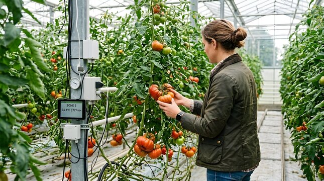 Woman Examining Tomatoes In Greenhouse