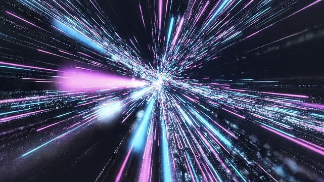 Futuristic High Speed Light Trails Rushing Outward in Dark Hyperspace, Abstract Digital Data Motion Background
