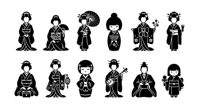 Japanese Geisha and Kokeshi Dolls Vector Set, Traditional Kimono Figures, Cultural Icons, Black Silhouette Collection